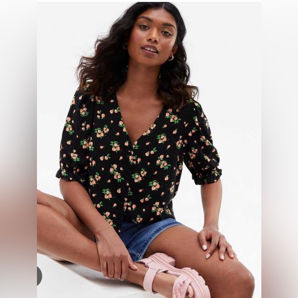 New Look peach print black button up top size uk 14 - Picture 2 of 6